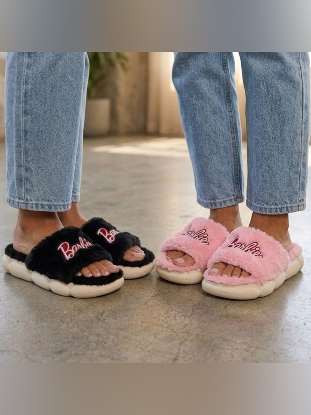 PINK & BLACK Barbie faux-fur platform slippers NEW